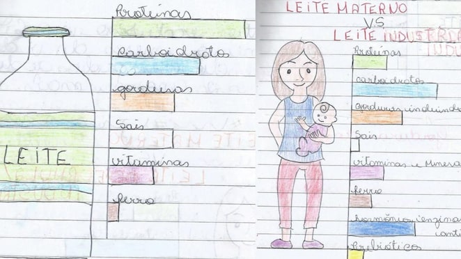 Imagem de duas ilustrações feitas por estudantes. Na ilustração da esquerda, há uma garrafa de leite e a descrição dos componentes do leite de vaca. Na imagem da direita, vemos uma mãe com bebê no colo e a descrição da composição do leite materno.