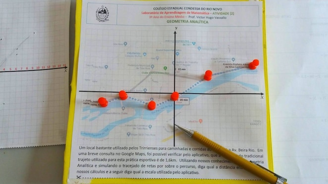 Foto de um plano cartesiano elaborado por estudantes. Na imagem vemos um mapa com seis pontos marcados com alfinetes vermelhos. Sobre o papel há uma lapiseira.