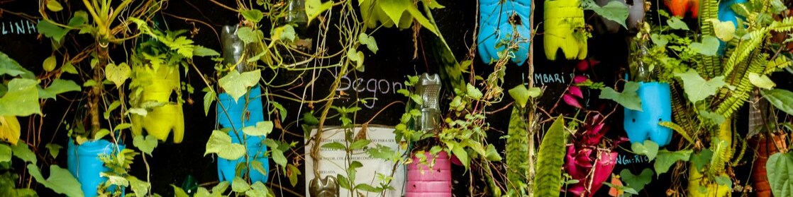 Imagem de um projeto STEM - jardim vertical de plantas utilizando sucata e materiais recicláveis em sua estrutura.