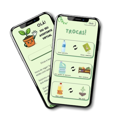 Ilustração de dois smartphones sobrepostos exibindo telas de um aplicativo com temática ambiental. Na tela da esquerda, aparece um personagem em formato de vaso com uma muda de planta, acompanhado da mensagem "Olá! Sou seu assistente virtual", além de um campo para interação e dicas sobre cuidados com plantas. Na tela da direita, há a seção "Trocas!", que apresenta exemplos de troca de materiais recicláveis por itens como sementes, alimentos e mudas, ilustrados por ícones coloridos. O design utiliza tons de verde e elementos visuais relacionados à sustentabilidade.